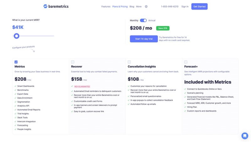 Baremetric pricing plans calculator