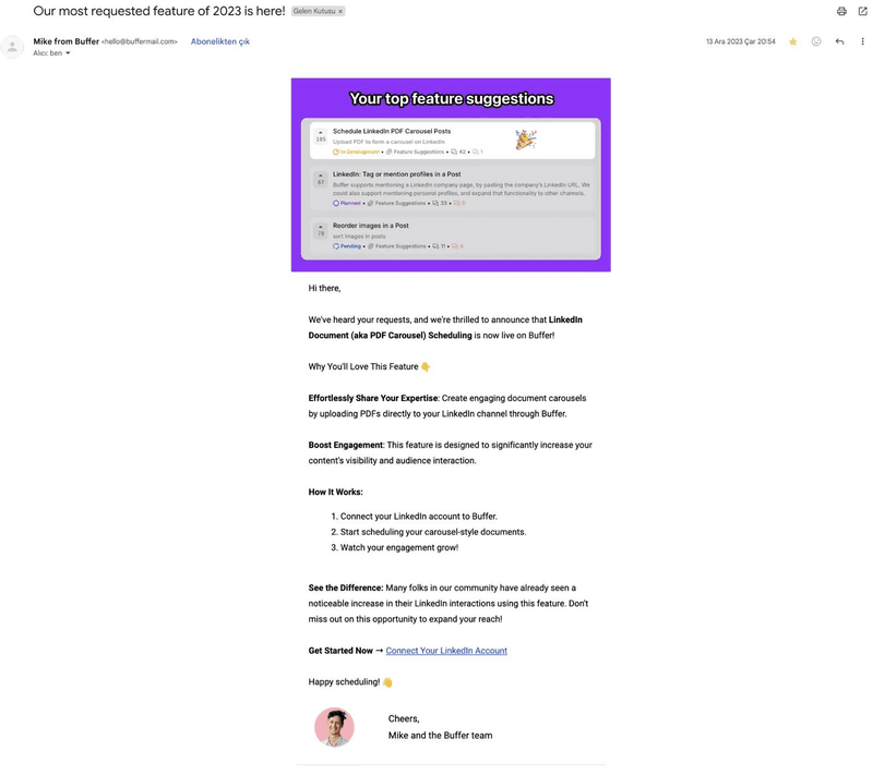 Buffer’s new feature announcement email
