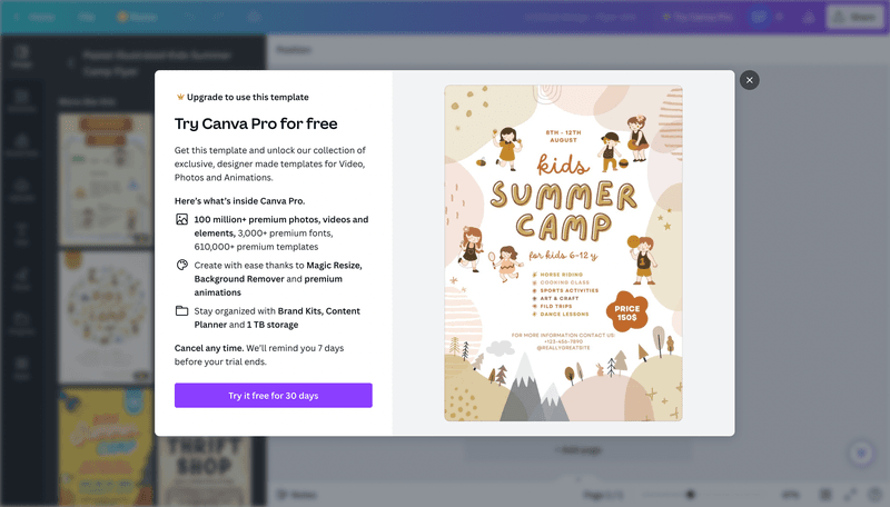 Canva upgrade funnel: contextual modal