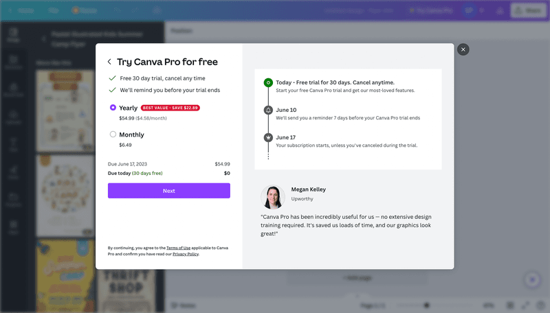 Canva upgrade funnel: payment choice