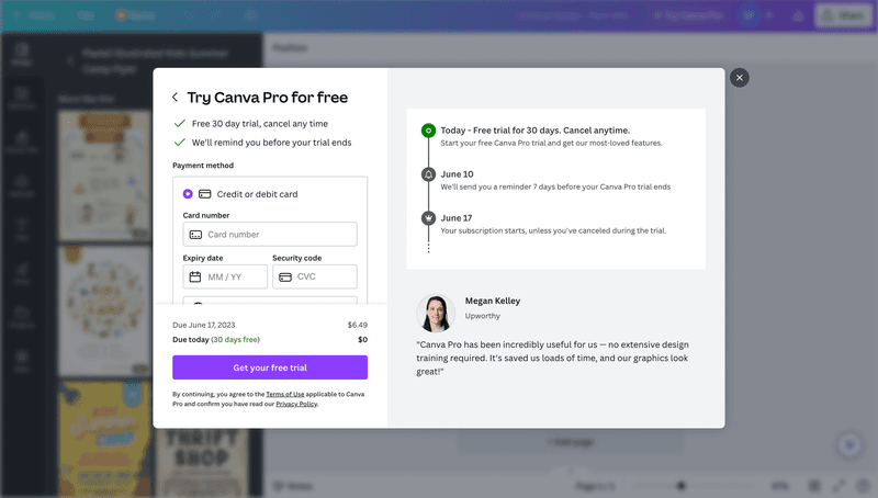 Canva upgrade funnel: payment details