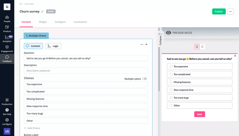 Design a churn survey in Userpilot