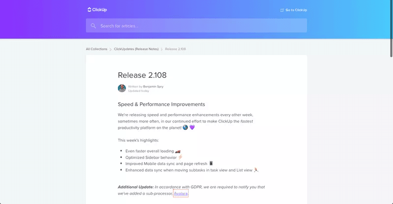 ClickUp's dedicated release notes page.