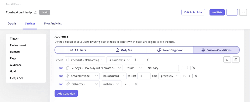 Customizable dashboard of contextual flows