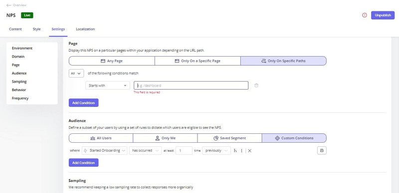Customizing NPS survey behavior in Userpilot.