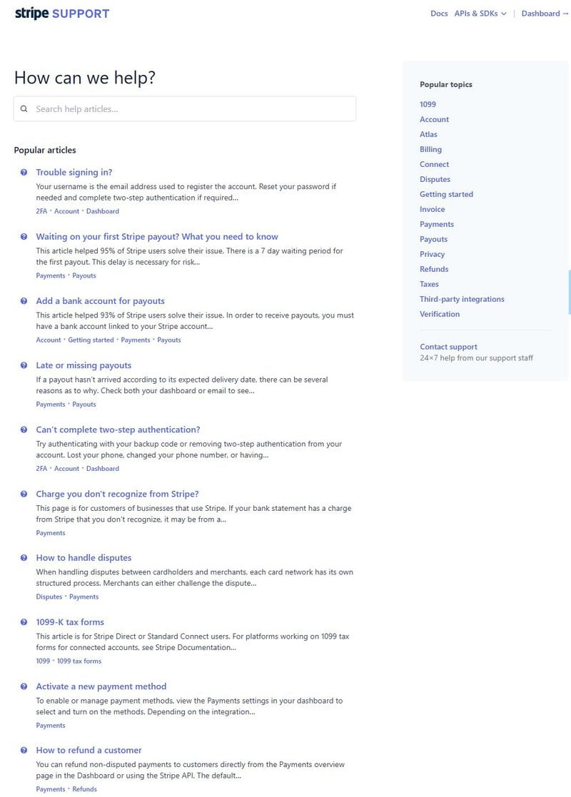 Stripe support page design