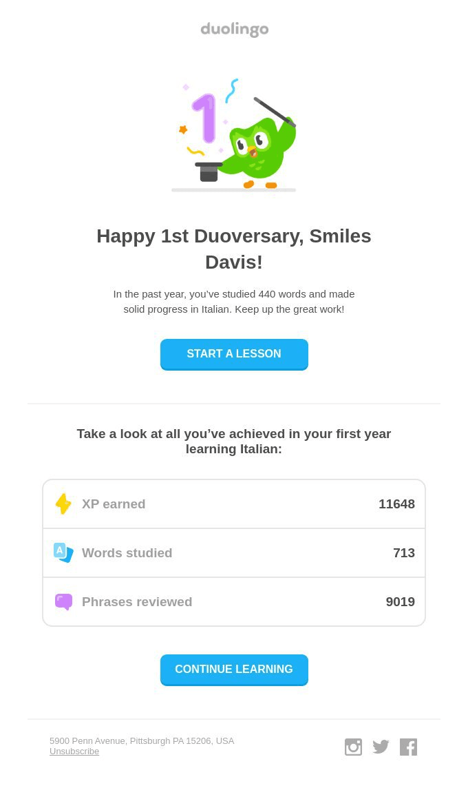 Duolingo’s personalized anniversary email.