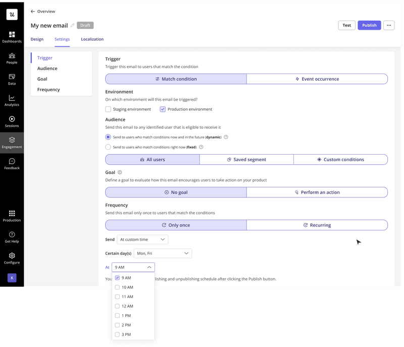Userpilot allows you to schedule emails and send them at the most impactful times.