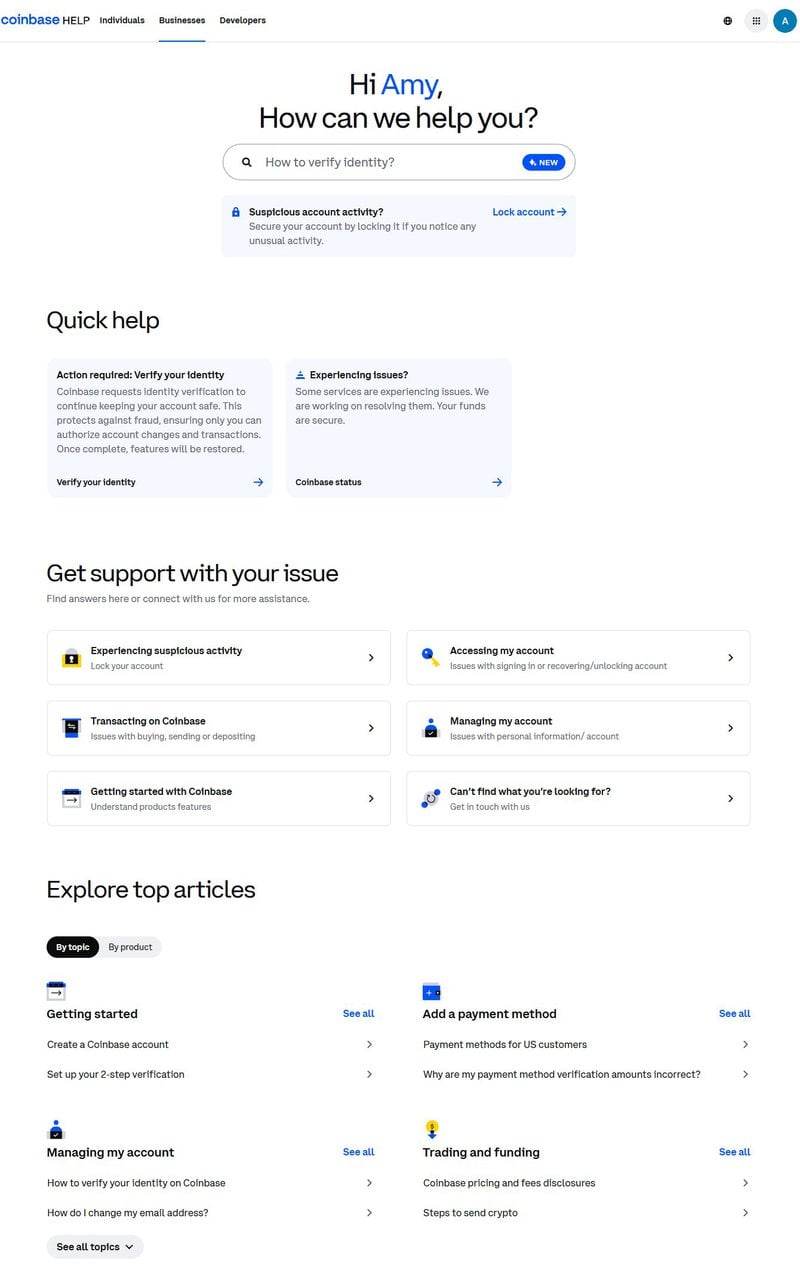Coinbase help center page