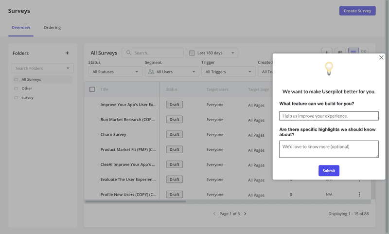 In-app feedback form with two questions on Userpilot