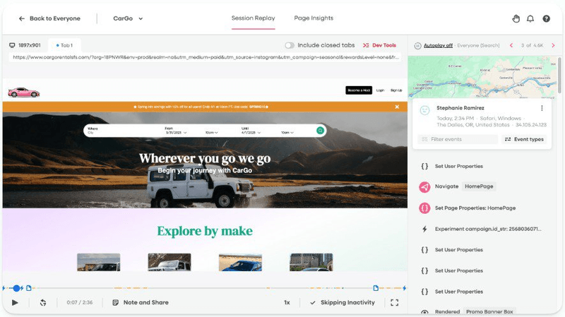 Analyzing user behavior through session replays in Fullstory.