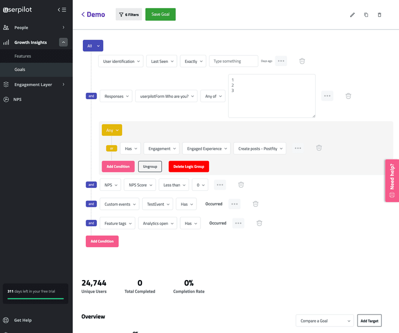 create goals in userpilot