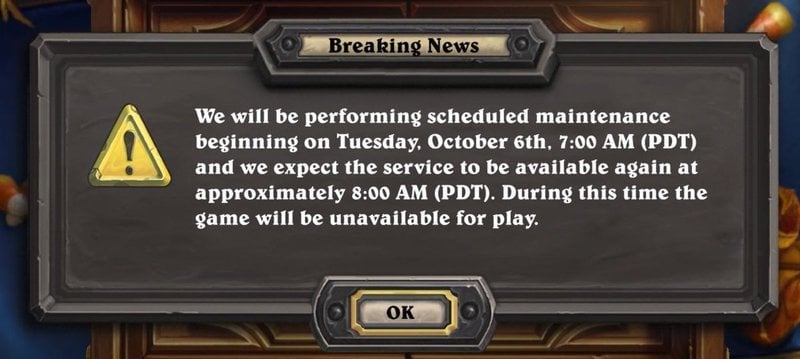Downtime maintenance message via Hearthstone