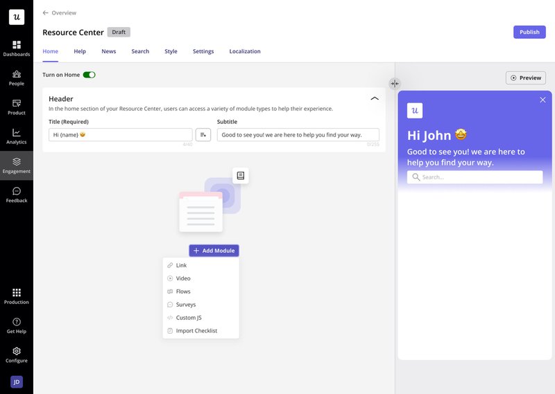 A screenshot of the options of personalizing a resource center