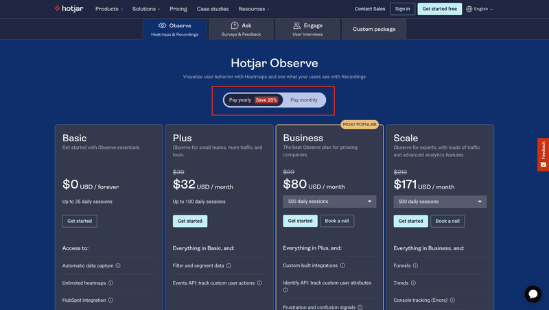 Hotjar annual discount pricing page