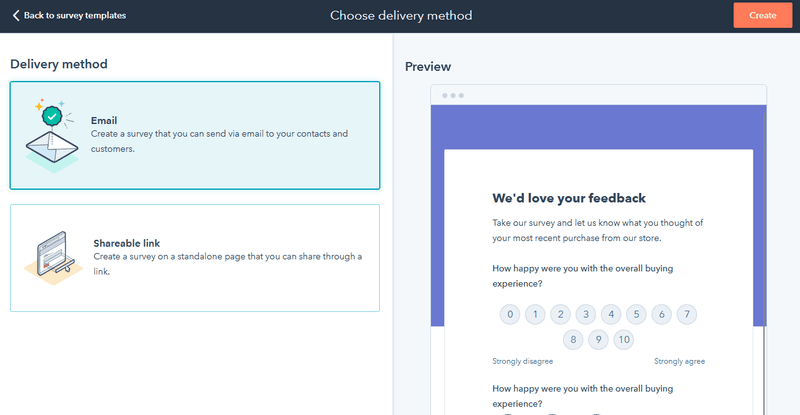 An image of the delivery method's of a survey in Hubspot