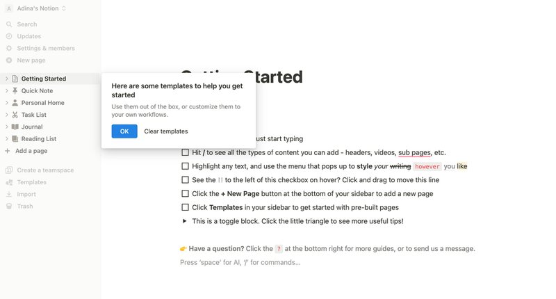 Notion - in-app tutorial examples