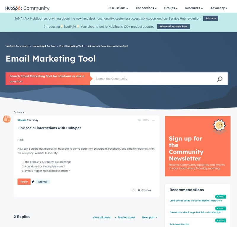 HubSpot online community - types of customer support