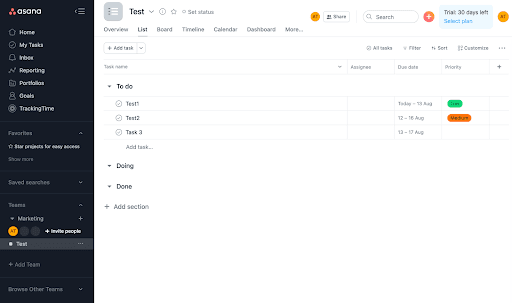 Personalized Asana homepage as a result of the user’s answers.