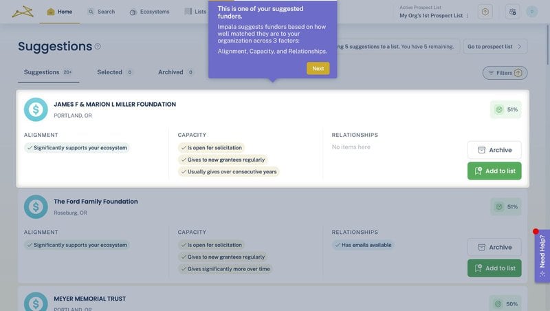 Impala’s dashboard showing a tooltip created using Userpilot.