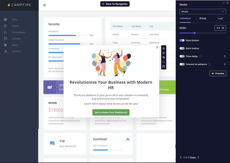 Flow configuration for in-app modal