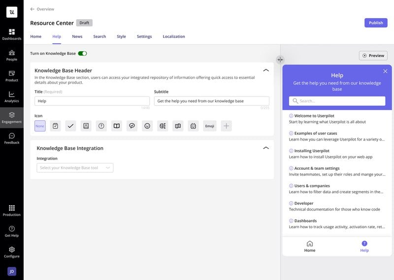 A screenshot of setting up a resource center in Userpilot