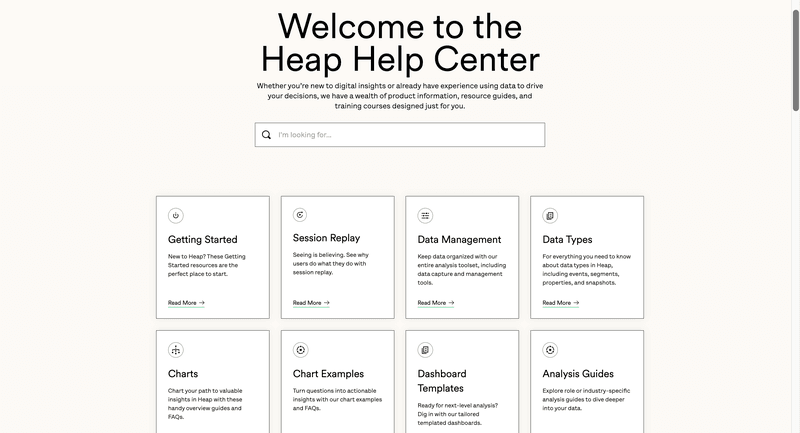 Heap’s knowledge base page shows content organized by app functionality