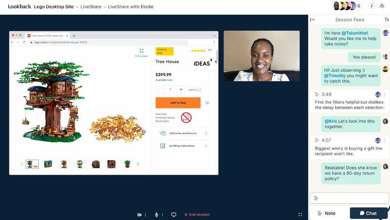 A screenshot of Lookbak showing someone providing feedback on a website
