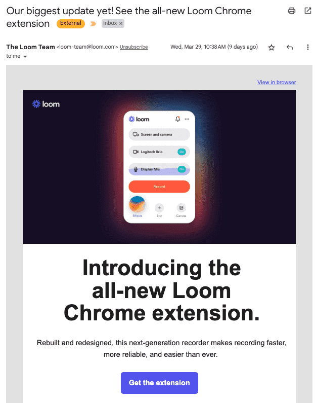 Loom's email release note