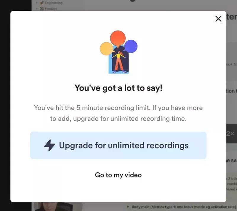 Loom nudging users to upgrade with an in-app modal