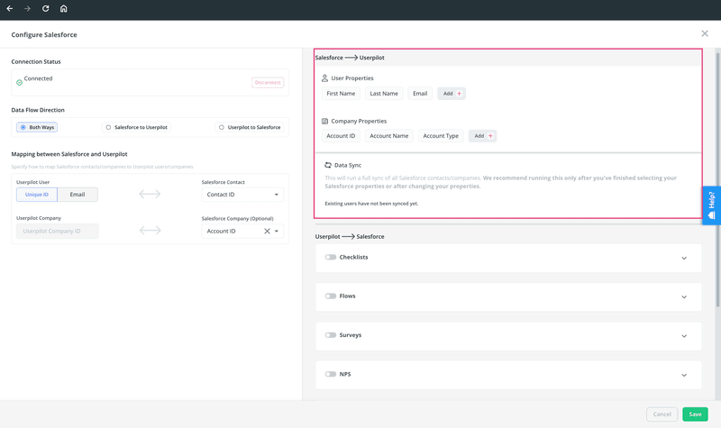 Userpilot-Salesforce integration setup: choose the properties to sync