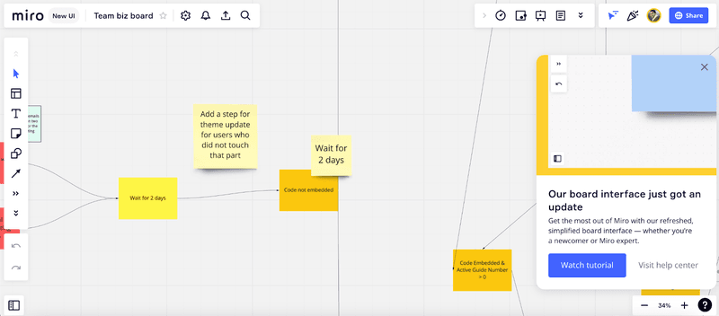 Miro slideout modal announcing board interface update with tutorial and help center links.