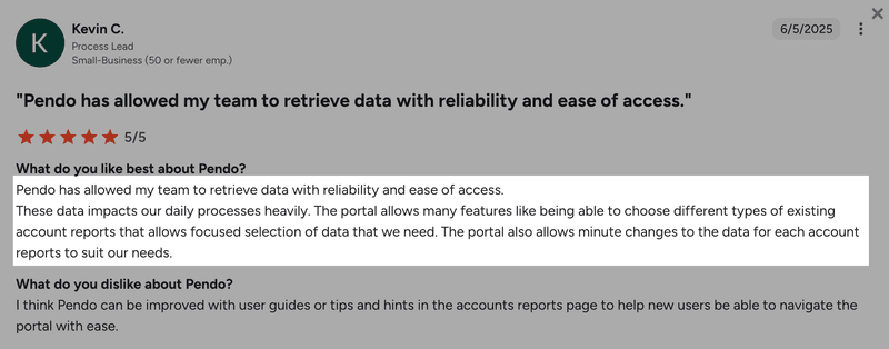 Pendo positive review on G2