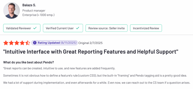 Pendo reviews about the reporting features.