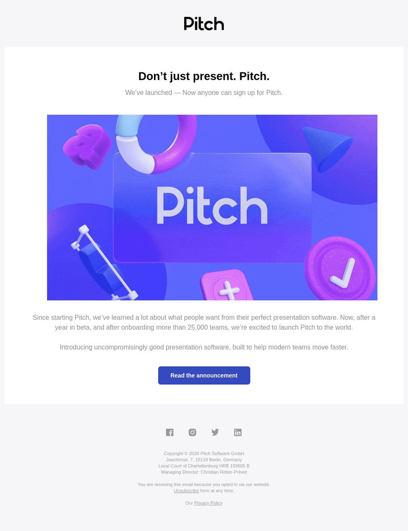 Pitch’s product release email example
