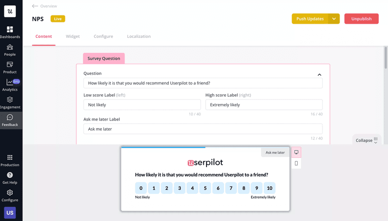 Userpilot NPS survey example.