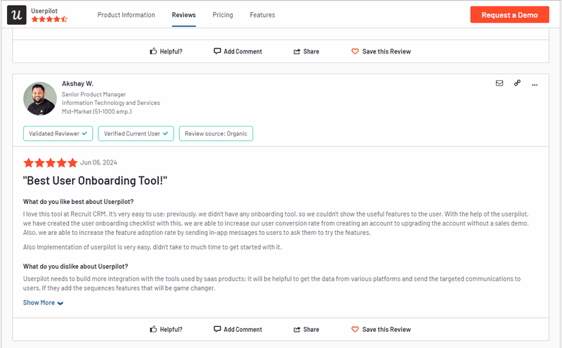 Customer journey touchpoints examples: Userpilot review on G2