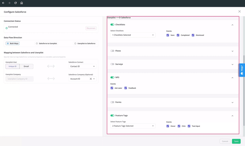 Enabling the Salesforce integration in Userpilot.