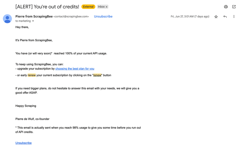 ScrapingBee alert email about nearing API credit limit
