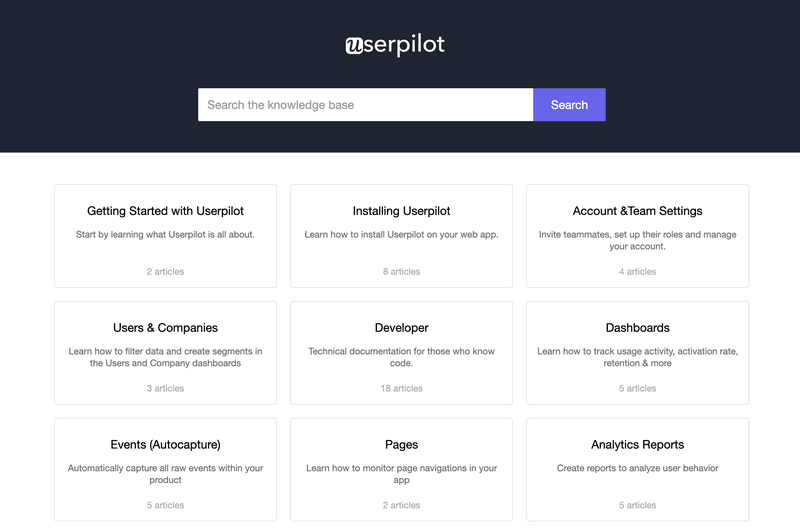 Userpilot’s easily searchable own knowledge base.
