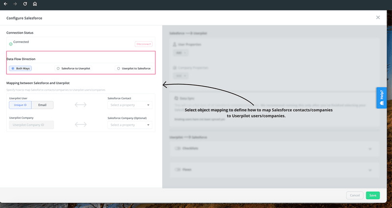 Userpilot-Salesforce integration setup: select the data flow direction