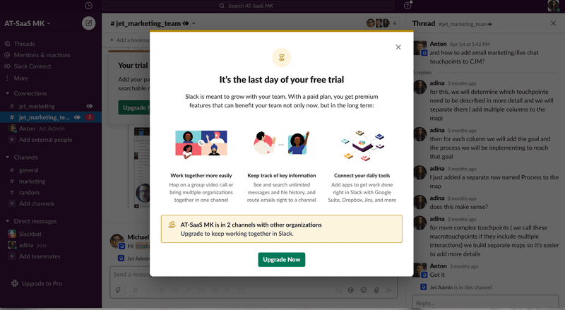 Slack's end of trial reminder modal