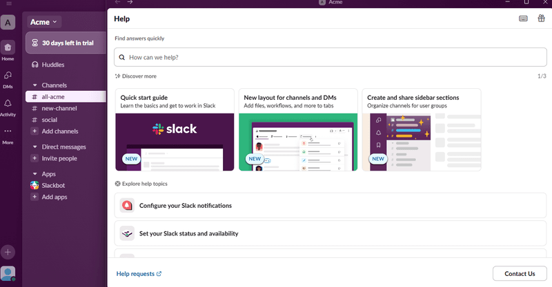 Slack's in-app help center design