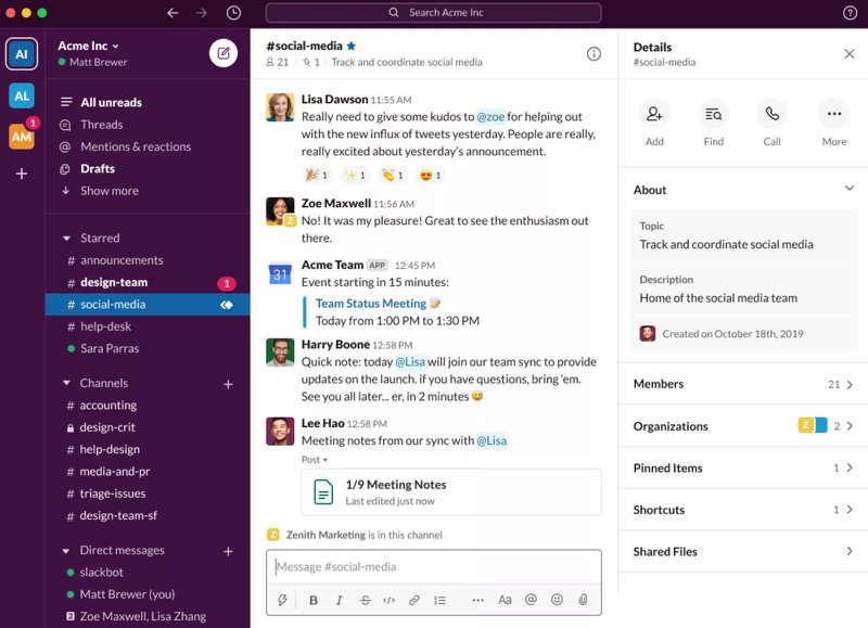 A screenshot of the Slack app and the details of a chat