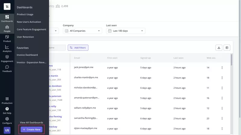 How to Design a SaaS Metrics Dashboard in Userpilot: Click Create New in the menu