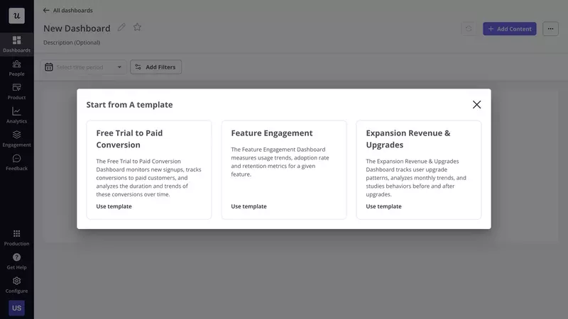 How to Design a SaaS Metrics Dashboard in Userpilot: Choose the template