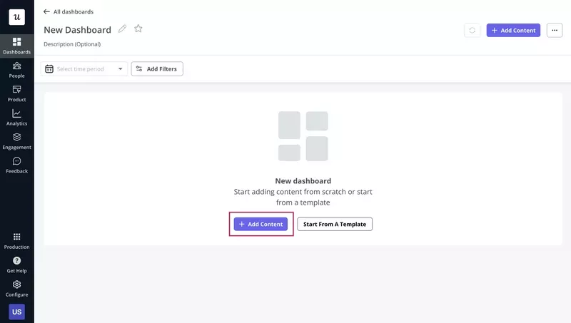 How to Design a SaaS Metrics Dashboard in Userpilot: Click Add Content to start adding content