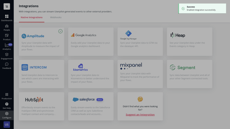 integrations succes message