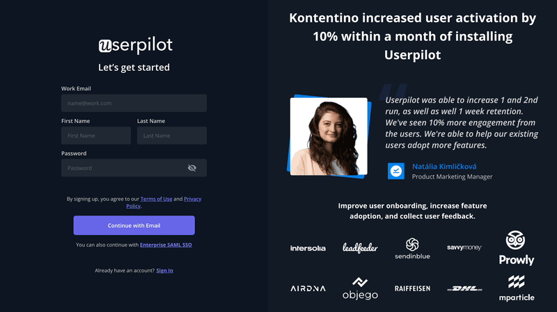 Customer journey touchpoints examples: testimonial on Userpilot sign-up page