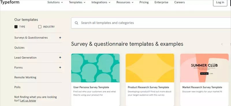 A screenshot of Typeform's survey and questionnaire templates, one of the user experience research tools